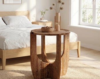 Mesa auxiliar redonda de madera maciza, mueble auxiliar rústico de estilo granja.
