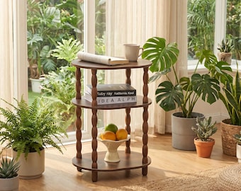Modern 3-Tier Oval Side Table, Rustic Brown End Table with Storage Shelves, Small Nightstand for Bedroom,