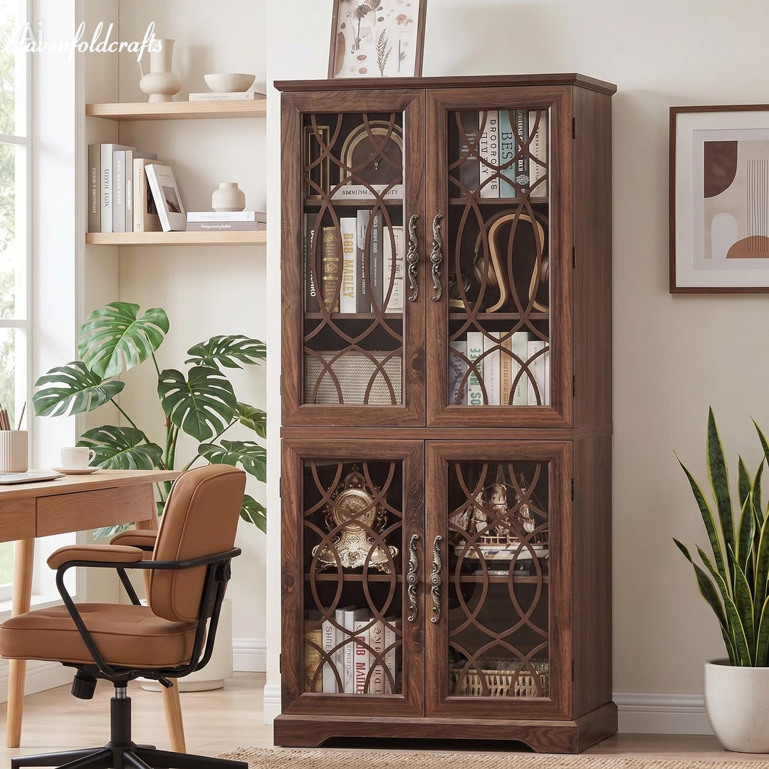 Rustic 67 Rustic 67” Tall Bookcase With Glass Doors, 5-tier Wooden Display ...