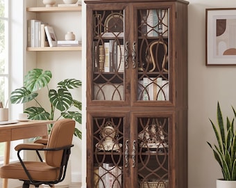 Rustic 67” Tall Bookcase with Glass Doors, 5-Tier Wooden Display Cabinet with Adjustable Shelves, Vintage Style Storage for Living Room