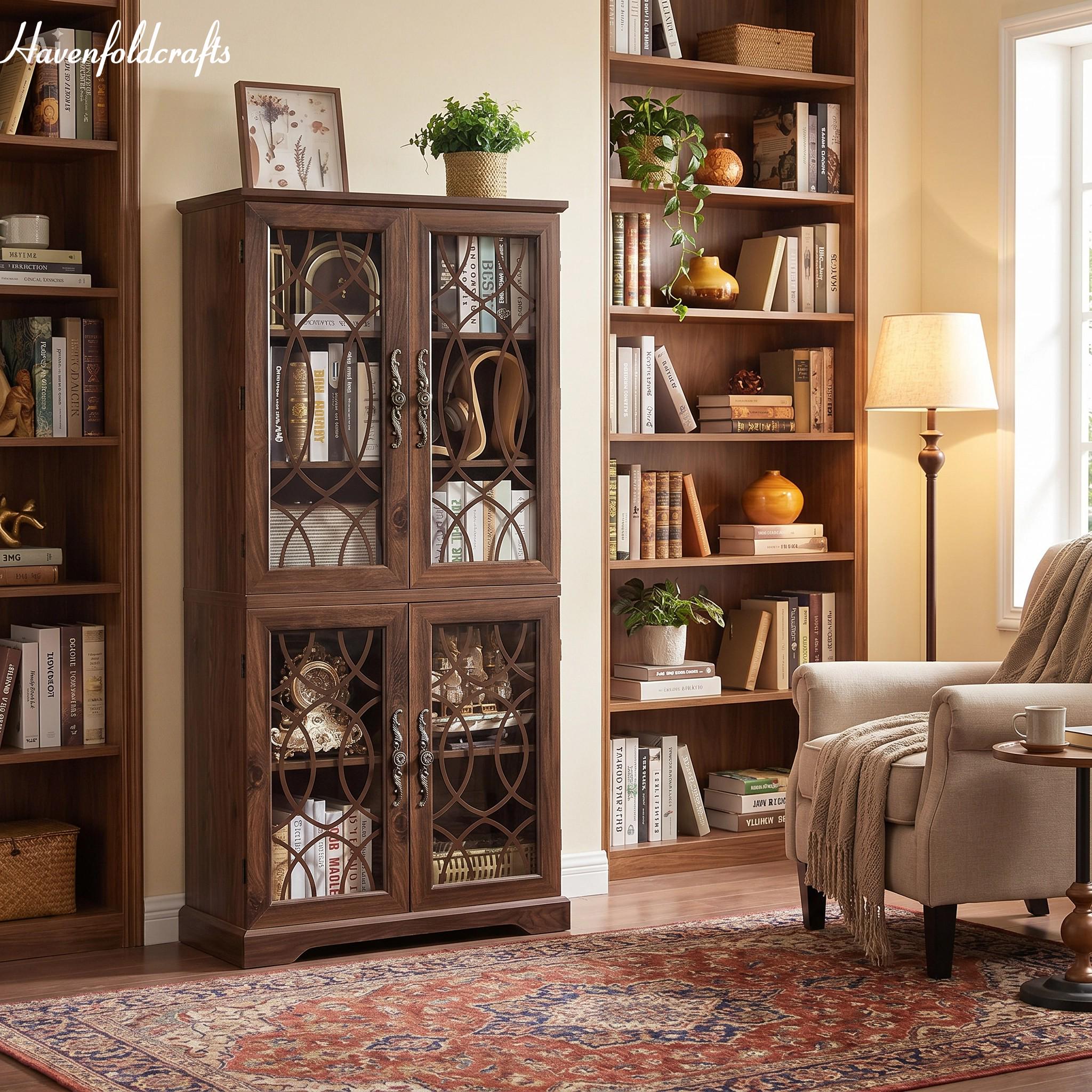 Rustic 67 Rustic 67” Tall Bookcase With Glass Doors, 5-tier Wooden Display ...