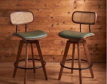 Rattan Swivel Bar Stools Set of 2, Mid Century Modern Woven Back Kitchen Chairs