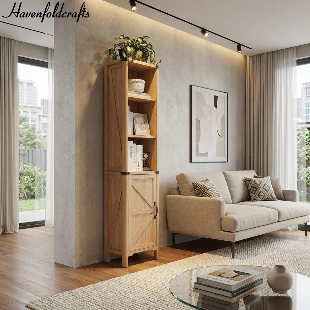 71” Farmhouse Bookcase With Barn Doors – Rustic Wood 5-tier Bookshelf ...