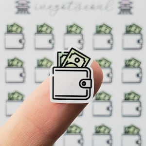 May include: A white wallet with a black outline and a flap with a button. The wallet is filled with green bills of money.