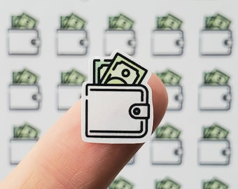 May include: A white wallet with a black outline and a flap with a button. The wallet is filled with green bills of money.