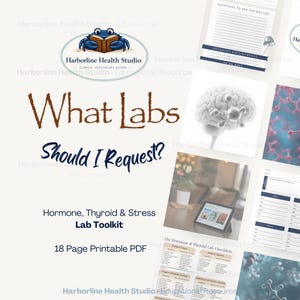 May include: A digital download titled "What Labs Should I Request?" with the Harborline Health Studio logo. The toolkit includes checklists and guides for hormone, thyroid, and stress lab tests. The product is a 18-page printable PDF.