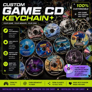 Könnte beinhalten: Individuelle Game-CD-Schlüsselanhänger mit Spieltiteln wie Halo 2 und Sonic Adventure. Die Schlüsselanhänger sind vollständig anpassbar und mit hochwertigem Druck versehen, ideal für Gamer. Der Text auf dem Bild lautet: "Dein Spiel. Deine Erinnerung. Deine Disc."