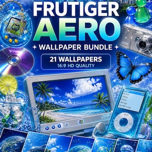 Può includere: Un pacchetto di sfondi digitali a tema blu e bianco, con il testo "FRUTIGER AERO" e "21 WALLPAPERS". L'immagine include uno schermo di computer, un lettore MP3 e vari altri elementi digitali. È visibile anche il testo "DESKTOP WALLPAPERS" e "PERFECT FOR PHONE & TABLET".