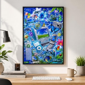 Frutiger Aero Y2K Retro Tech Poster: Vibrant Blue Internet Vibes, Digital Print Art | Glossy Finish, Nostalgic Room Decor | 12x18 Inches image 1