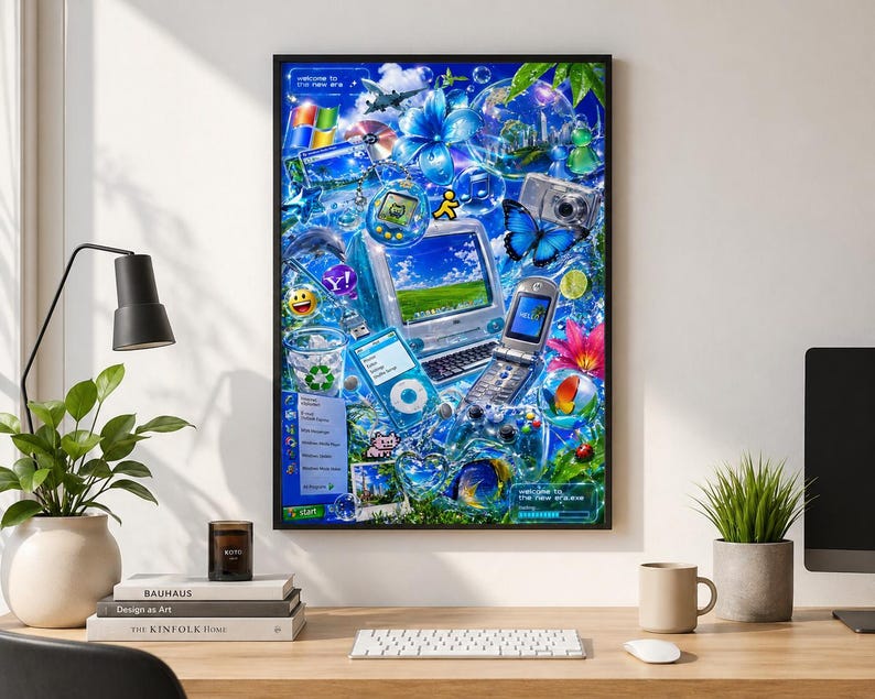 Frutiger Aero Y2K Retro Tech Poster: Vibrant Blue Internet Vibes, Digital Print Art | Glossy Finish, Nostalgic Room Decor | 12x18 Inches image 1