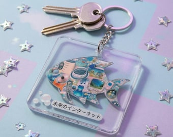 Retro Tech Fish Square Keychain | Futuristic frutiger aero y2k Internet Illustration