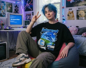 Frutiger Aero T-Shirt, Y2K Webcore Graphic Tee, Internet Paradise Dolphin Shirt, Retro Futuristic Vaporwave Aesthetic