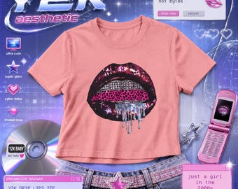 McBling Y2K Graphic Tee, 100% Cotton Oversized T-Shirt, Pink Lip Graphic Shirt, Retro 2000s Aesthetic Top, Cyber Glam Baby Tee