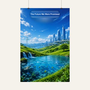 May include: A vertical poster featuring a vibrant landscape with a blue lake, a waterfall, and green hills. In the distance, a futuristic city skyline rises under a bright blue sky. The text 'The Future We Were Promised' is centered at the top.