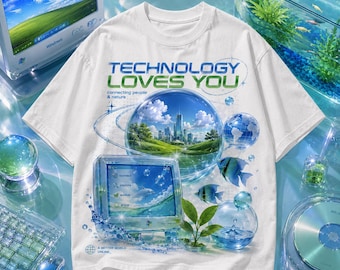 Frutiger Aero Shirt Nostalgia Tee: Retro Internet Cybercore Design, Aqua Graphics (Unisex Large Print, Bella+Canvas Cotton)