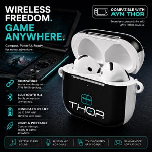 May include: Black and white wireless earbuds in a charging case with the word "THOR" and logo. The case is open, revealing the earbuds. Text on the image includes "WIRELESS FREEDOM. GAME ANYWHERE." and "COMPATIBLE WITH AYN THOR."