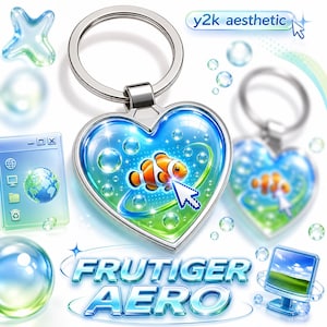 Frutiger Aero Heart Keychain - Y2K Retro Blue Gradient Double Sided Charm - Glossy Acrylic, Lightweight Gift Accessory