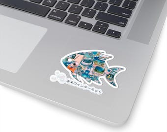 Y2K Frutiger aero stickers /Internet Fish Sticker | Kiss-Cut Decorative Sticker, Japanese Text