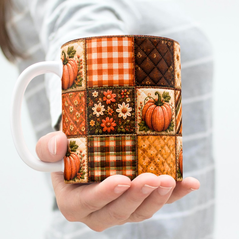 Autumn Pumpkin Mug Wrap PNG 11 Oz & 15 Oz Coffee Mug Wrap  3D Fall Mug Wrap Patchwork Coffee Cup Wrap Sublimation Designs Digital Download