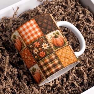 Autumn Pumpkin Mug Wrap PNG 11 Oz & 15 Oz Coffee Mug Wrap  3D Fall Mug Wrap Patchwork Coffee Cup Wrap Sublimation Designs Digital Download