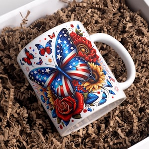 American Butterfly Mug Wrap, 11 oz & 15 oz Coffee Mug Wrap, Butterfly Mug Wrap, Coffee Cup Sublimation Designs, Digital Download PNG