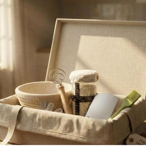 Peut inclure: Une boîte beige doublée de lin contenant des ustensiles de boulangerie, dont un fouet, un bol et un pot. Un pinceau vert et une spatule blanche sont également visibles. La boîte est ouverte, révélant le contenu, sur une surface en bois.