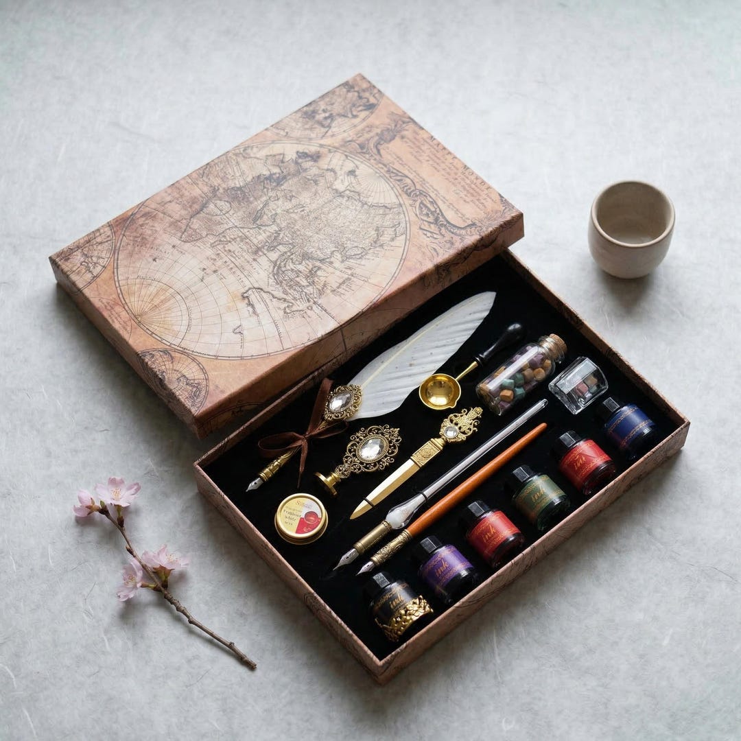 Calligraphy Writing Box Set Calligraphy Set Gift Box: Feather Quill Pen, Ink Dip Writing Kit Old ...
