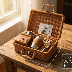 Wicker Suitcase Coffee Gift Set – Manual Grinder, Travel Mug image 1