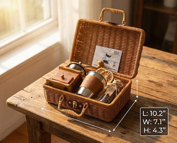 Wicker Suitcase Coffee Gift Set – Manual Grinder, Travel Mug