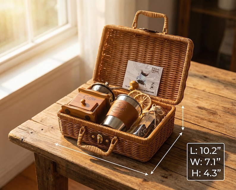 Wicker Suitcase Coffee Gift Set – Manual Grinder, Travel Mug image 1