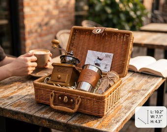 Coffee Gift Basket Set – Wicker Suitcase, Manual Grinder, Steel Cup, Bean Vial