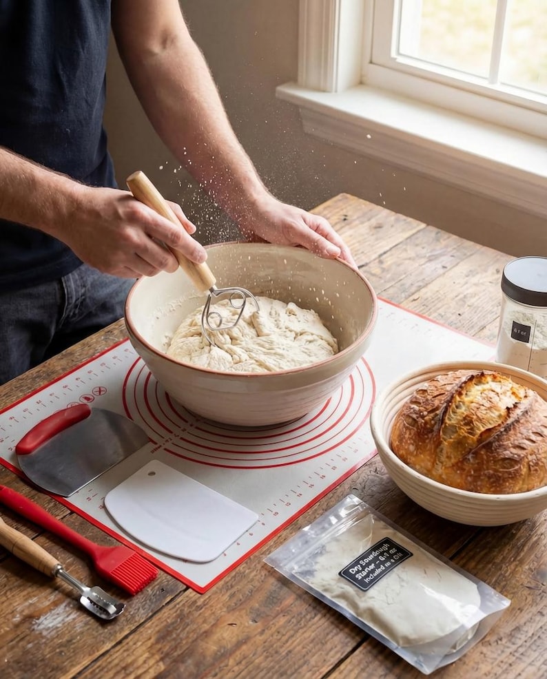 May include: A person mixing dough in a beige ceramic bowl with a wooden handled whisk. A red and white silicone mat with measurement markings, a loaf of bread in a woven basket, and baking tools are on a wooden table. A bag of dry sourdough starter is visible.