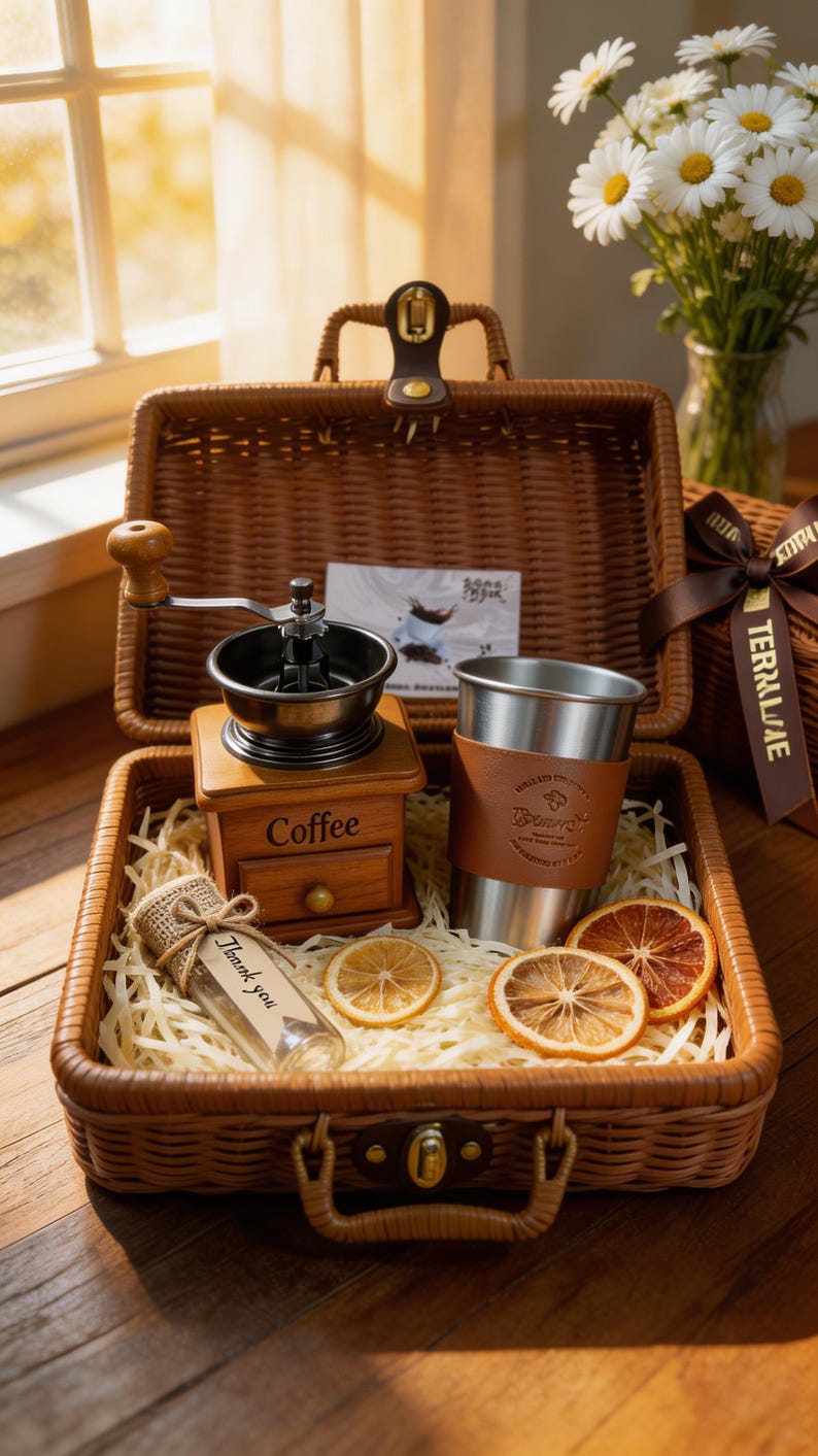 May include: A coffee-themed gift basket with a wooden coffee grinder, a stainless steel tumbler with a leather sleeve, and dried orange slices. The basket also contains a small glass bottle with the text "Thank you".