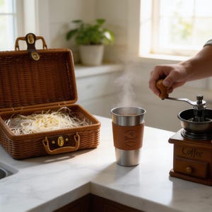 Wicker Suitcase Coffee Gift Set – Manual Grinder, Travel Mug image 11