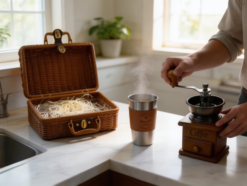 Wicker Suitcase Coffee Gift Set – Manual Grinder, Travel Mug image 11