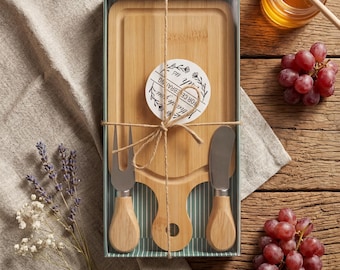 Mini Bamboo Cheese Board Set with Knife, Fork, Ready-to-Gift Favors