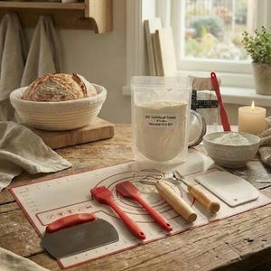 May include: A rustic bread-making kit with a loaf of bread in a woven basket, a bag of flour, and various red and wooden tools. The kit includes a dough scraper, brush, and spatula, all arranged on a baking mat. A lit candle adds warmth.