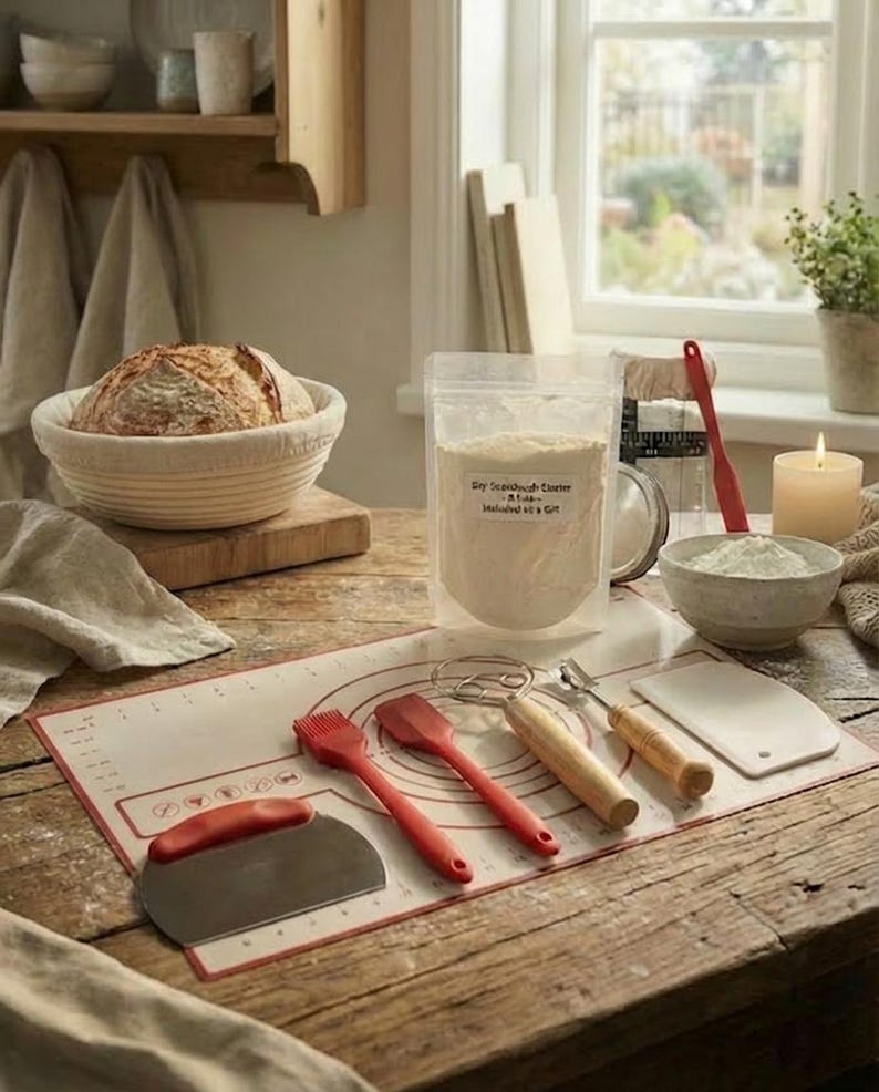 May include: A rustic bread-making kit with a loaf of bread in a woven basket, a bag of flour, and various red and wooden tools. The kit includes a dough scraper, brush, and spatula, all arranged on a baking mat. A lit candle adds warmth.