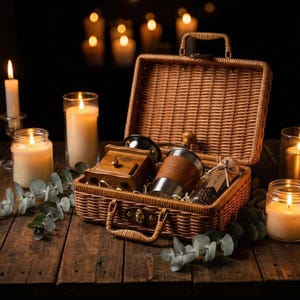 May include: A wicker picnic basket filled with coffee-related items, including a wooden coffee grinder, a stainless steel thermos with a leather wrap, and a small bag of coffee beans. The scene is illuminated by several lit candles.