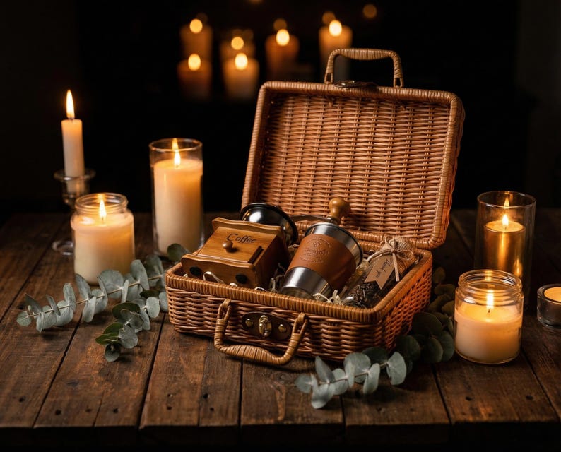 May include: A wicker picnic basket filled with coffee-related items, including a wooden coffee grinder, a stainless steel thermos with a leather wrap, and a small bag of coffee beans. The scene is illuminated by several lit candles.