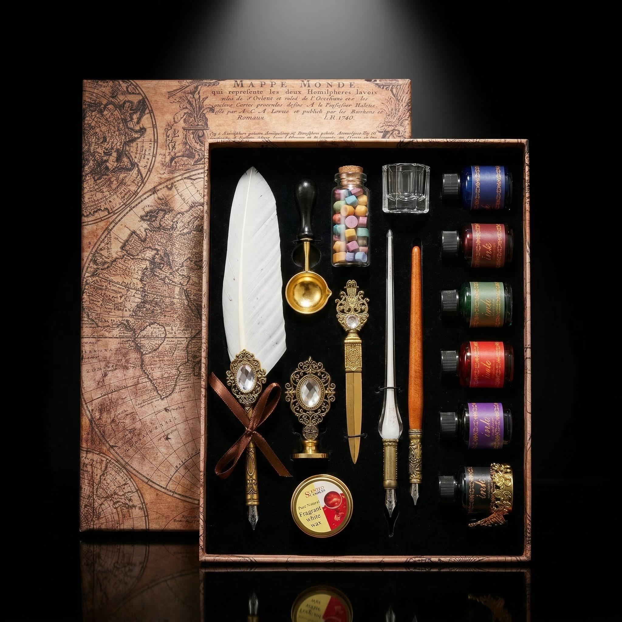 Calligraphy Set Gift Box: Feather Quill Pen, Ink Dip Writing Kit Old ...