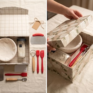 May include: A baking kit presented in a decorative box. The kit includes a proofing basket, a jar of flour, a dough scraper, a whisk, and two red silicone spatulas. The box has a plaid pattern on the inside and a floral design on the outside.