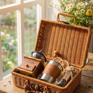 Wicker Suitcase Coffee Gift Set – Manual Grinder, Travel Mug image 9