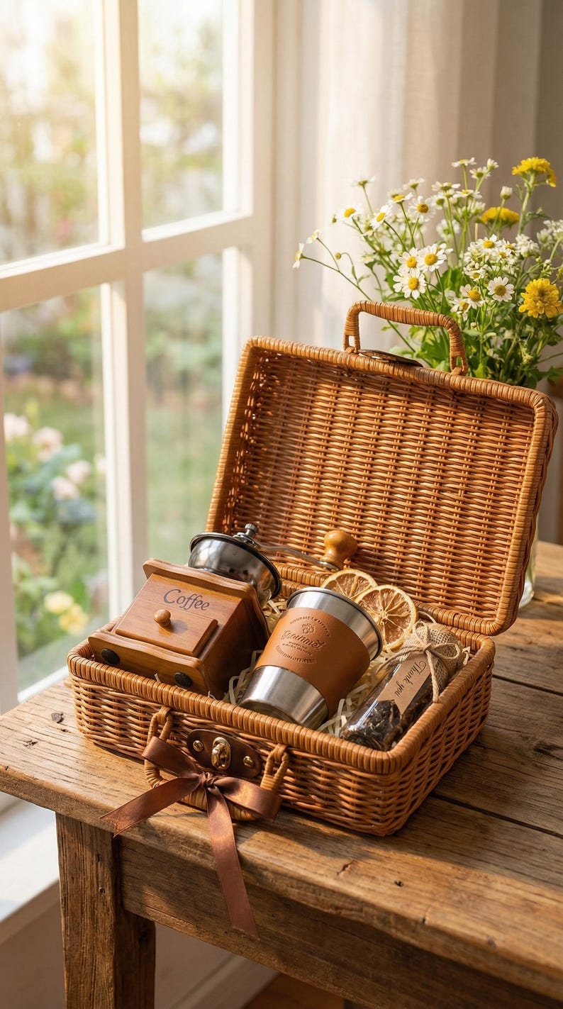 Wicker Suitcase Coffee Gift Set – Manual Grinder, Travel Mug image 9