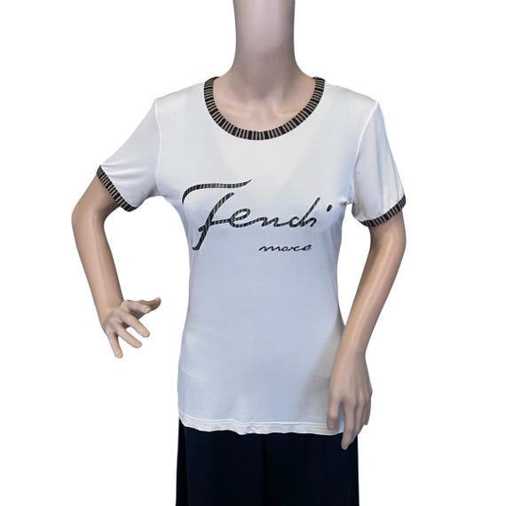 Fendi, VINTAGE FENDI Mare Logo Script T-Shirt White Black Trim Made in Italy