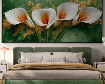 Elegant White Calla Lily Wall Art, Green & Gold Floral Canvas Print, Modern Botanical Painting Framed Artwork