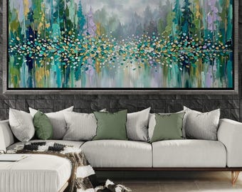 Abstract Forest Wall Art, Teal Green Floral Landscape Print, Modern Vertical Canvas, Boho Nature Decor, Framed or Unframed