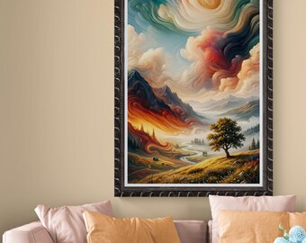 Abstract Landscape Wall Art, Colorful Swirl Sky, Mountain Valley Print, Modern Nature Decor