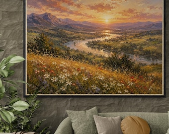 Impressionist Sunset Valley Landscape Wall Art, Wildflower Meadow Oil Painting, Mountain River Canvas Print, Nature Decor Gift