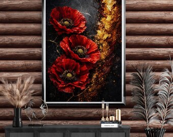Red Poppy Floral Art, Dark Moody Gold Abstract Botanical Canva
